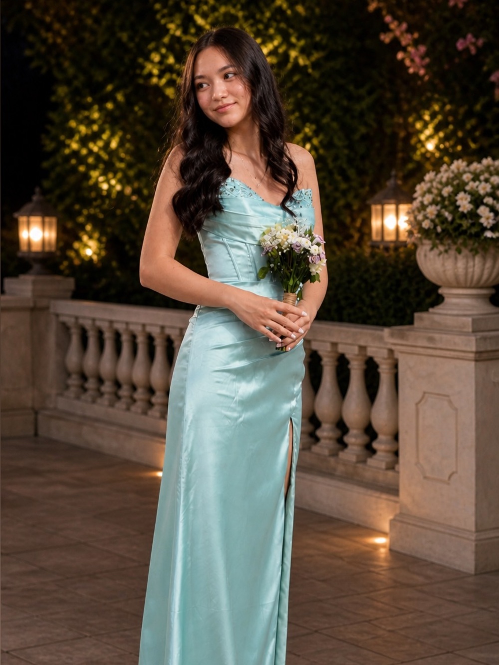 Satin Evening Gown in Aqua